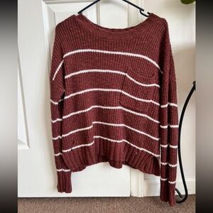 Brown and White Crew Neck Sweater with Classic Stripes